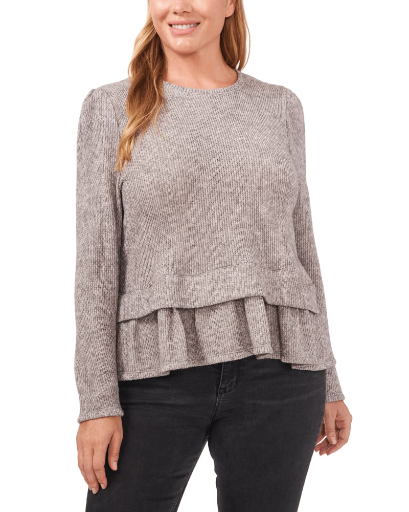 Front of a model wearing a size 1X Sadie Ruffled-Hem Sweater in 082-SILVER HTHR GREY by CeCe. | dia_product_style_image_id:263799